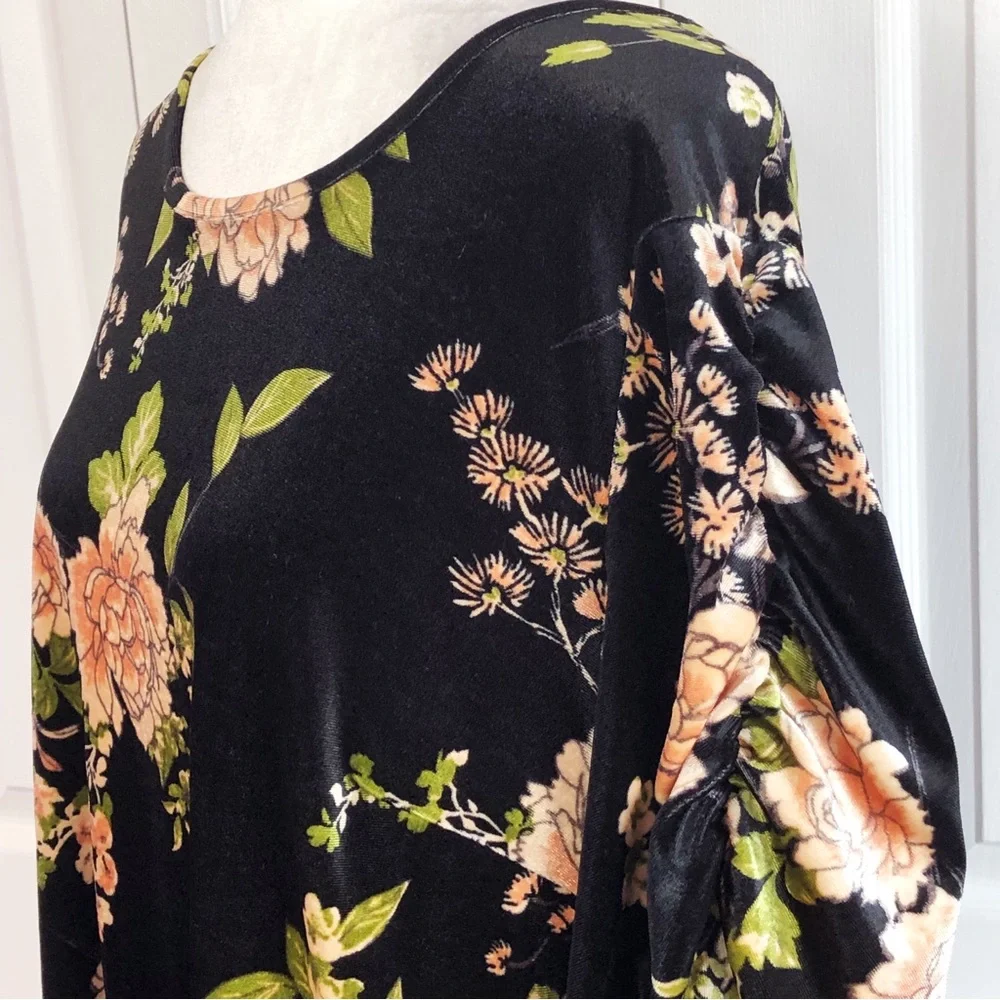 Capsule Black Multi Floral Velvet Ruched Long Sleeve Shift Dress 16 - Picture 6 of 16